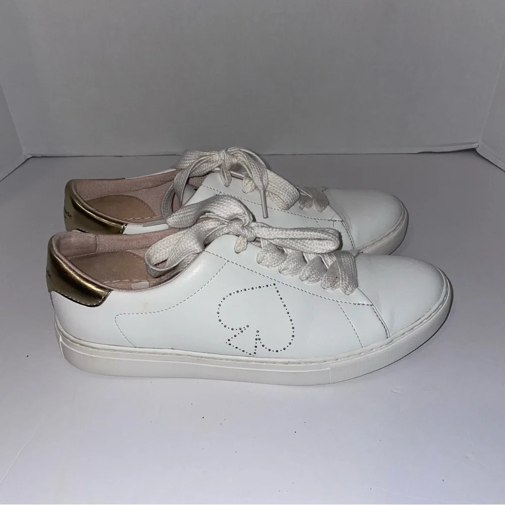 Kate Spade Angelise White‎ Gold Leather Silhouette Sneakers Tennis Shoes Sz 8.5B